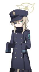 Rule 34 | 1girl, absurdres, aged down, belt, black belt, black coat, blonde hair, blue archive, blue eyes, buttons, closed mouth, coat, double-breasted, eyepatch, hat, high collar, highres, long sleeves, looking at viewer, medium hair, nord (expc4752), oversized clothes, peaked cap, simple background, sleeves past fingers, sleeves past wrists, solo, suou (blue archive), white background