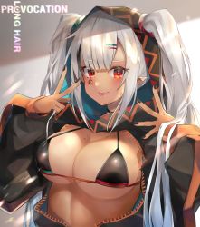 Rule 34 | 1girl, absurdres, bikini, black bikini, black jacket, black nails, blush, breasts, cleavage, closed mouth, commentary, dark-skinned female, dark skin, english text, facepaint, hair ornament, hairclip, highres, hood, hooded jacket, jacket, kyoro ina, large breasts, light rays, long hair, looking at viewer, mole, mole on breast, nail polish, open clothes, open jacket, original, pointy ears, red eyes, sideboob, silver hair, simple background, smile, solo, swimsuit, symbol-shaped pupils, tongue, tongue out, twintails, underboob, unzipped, upper body, v, white background