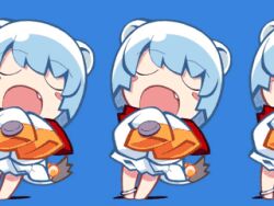 Rule 34 | 1girl, animal ears, animated, animated gif, anime screenshot, barefoot, bell, blue background, blue hair, blush stickers, chibi, closed eyes, commentary request, dancing, fang, ferret, ferret ears, imageboard desourced, jewelry, jingle bell, long sleeves, lowres, multiple views, non-web source, official art, open mouth, popotan, scarf, short hair, simple background, skirt, sleeves past fingers, sleeves past wrists, tail, tail bell, tail ornament, tileable, unagi (popotan), white hair