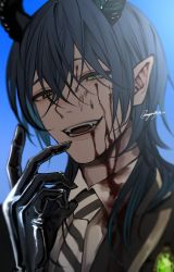 Rule 34 | 1boy, artist name, blood, blood on clothes, blood on face, blue background, blue hair, blurry, brooch, depth of field, evil smile, gloves, green eyes, hair between eyes, highres, horns, jewelry, looking at viewer, male focus, malleus draconia, mugi oyasumi, necktie, open mouth, pointy ears, portrait, short hair, signature, smile, solo, striped necktie, twisted wonderland