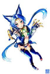 Rule 34 | 1girl, animal ears, blue hair, cat ears, cat tail, closed mouth, commentary request, gloves, green eyes, highres, long hair, looking at viewer, meracle chamlotte, navel, o-ring, panties, seigetsu kotaku, simple background, smile, solo, star ocean, star ocean the last hope, tail, thighhighs, toeless legwear, twintails, underwear, white background