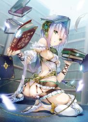 Rule 34 | 1girl, ass, ass cutout, atelier (series), atelier sophie, bare shoulders, book, bookshelf, breasts, clothing cutout, fake tail, female focus, floating, floating object, green eyes, highres, light purple hair, long hair, looking at viewer, medium breasts, object on head, official art, on floor, parted lips, plachta, puni (atelier), sideboob, sitting, solo, symbol-shaped pupils, tail, wariza, white hair, yuugen