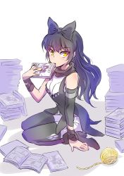 Rule 34 | 1girl, black hair, blake belladonna, bow, commentary request, hair bow, iesupa, manga (object), pile of books, product placement, rwby, solo, yarn ball