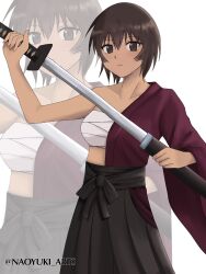 1girl artist_name azumanga_daiou black_hakama breasts brown_eyes brown_hair chest_sarashi cleavage closed_mouth collarbone commentary dark-skinned_female dark_skin drawing_sword expressionless hakama hakama_skirt highres holding holding_sheath holding_sword holding_weapon japanese_clothes kagura_(azumanga_daioh) kimono large_breasts long_sleeves looking_at_viewer midriff naoyuki_arts off_shoulder purple_kimono sarashi sheath short_hair single_bare_shoulder skirt solo sword tomboy twitter_username very_short_hair weapon white_background wide_sleeves zoom_layer