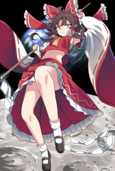 Rule 34 | 1girl, bare shoulders, black footwear, bow, brown hair, closed mouth, detached sleeves, e.o., earth (planet), frilled skirt, frills, gohei, hair bow, hair tubes, hakurei reimu, highres, japanese clothes, long hair, moon, navel, nontraditional miko, on moon, planet, red bow, red eyes, red skirt, ribbon-trimmed sleeves, ribbon trim, sarashi, shoes, sidelocks, skirt, socks, solo, space, touhou, white sleeves, white socks, wide sleeves