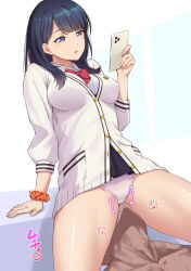 Rule 34 | 1boy, 1girl, black hair, blue eyes, bow, bowtie, breasts, cardigan, collared shirt, commentary, cunnilingus, cunnilingus through clothes, emotionless sex, english commentary, girl on top, gridman universe, hetero, highres, holding, holding phone, large breasts, long hair, long sleeves, looking at phone, mibushiro, mixed-language commentary, multitasking, oral, orange scrunchie, panties, partially unbuttoned, phone, red bow, red bowtie, school emblem, school uniform, scrunchie, shirt, simple background, sitting, sitting on face, sitting on person, ssss.gridman, straight hair, takarada rikka, textless version, underwear, white cardigan, white panties, white shirt, wing collar, wrist scrunchie