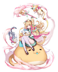 Rule 34 | 1girl, absurdres, animal ear fluff, animal ears, blonde hair, cat, cat ears, cat tail, coat, collar, dress, fang, hat, headphones, headphones around neck, highres, holding, holding wand, ji dan, long hair, looking at viewer, open clothes, open coat, open mouth, original, red eyes, sleeves past wrists, solo, tail, thighhighs, wand, white background, white thighhighs