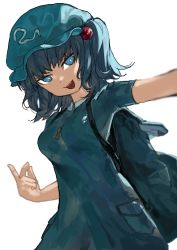 Rule 34 | 1girl, :d, backpack, bag, blue dress, blue eyes, blue hair, blue hat, breasts, dress, hat, highres, jewelry, kawashiro nitori, key, key necklace, looking at viewer, medium breasts, megame (okbnkn), middle finger, necklace, open mouth, selfie, simple background, smile, solo, standing, touhou, two side up, white background