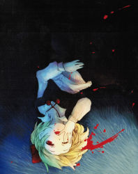 Rule 34 | 1girl, blonde hair, blood, hair ribbon, hanada hyou, highres, long sleeves, one eye closed, open mouth, red eyes, ribbon, rumia, scan, scan artifacts, shirt, short hair, skirt, solo, touhou, upside-down, vest