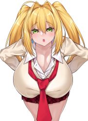 Rule 34 | 1girl, blonde hair, blush, breasts, earrings, fate/extra, fate/grand order, fate (series), hands on own hips, highres, huge breasts, jewelry, leaning forward, looking at viewer, necktie, nero claudius (fate), nero claudius (fate/extra), school uniform, skirt, twintails, unbuttoned, unbuttoned shirt, watosu (watosu mama)