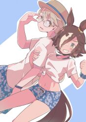 Rule 34 | 1boy, 1girl, absurdres, adjusting eyewear, animal ears, blue background, blue shorts, blush, breasts, brown eyes, brown hair, brown headwear, clenched hand, commentary request, crop top, floral print, gaze on me! outfit (umamusume), glasses, grin, hair between eyes, hair over one eye, hand on eyewear, hand up, highres, horse ears, horse girl, horse tail, locked arms, long hair, looking at viewer, maru (hachi 47923), midriff, multicolored hair, navel, outline, parted lips, print shorts, shirt, short shorts, short sleeves, shorts, small breasts, smile, standing, streaked hair, tail, thick eyebrows, tied shirt, trainer (umamusume), two-tone background, umamusume, vodka (umamusume), white background, white hair, white outline, white shirt