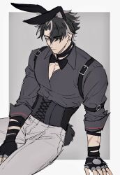 Rule 34 | 1boy, acupofbread, animal ears, arm strap, between legs, black bow, black bowtie, black hair, bow, bowtie, buckle, collared shirt, corset, cowboy shot, earrings, fake animal ears, fake tail, fingerless gloves, genshin impact, gloves, grey eyes, grey shirt, hand between legs, highres, jewelry, male focus, multicolored hair, partially unbuttoned, pectoral cleavage, pectorals, rabbit ears, rabbit tail, scar, scar on arm, shirt, short hair, shoulder strap, sitting, sleeves rolled up, solo, spiked hair, streaked hair, stud earrings, tail, two-tone background, wriothesley (genshin impact)