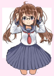 Rule 34 | 1girl, arms up, black-framed eyewear, blue skirt, blush, brown hair, bunching hair, closed mouth, collarbone, commentary request, cropped legs, glasses, highres, long hair, long sleeves, looking at viewer, neckerchief, original, over-rim eyewear, pink background, pleated skirt, purple eyes, red neckerchief, school uniform, sekira ame, semi-rimless eyewear, serafuku, shirt, skirt, smile, solo, sweat, twintails, two-tone background, very long hair, white background, white shirt