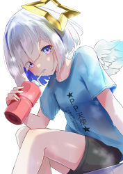 Rule 34 | 1girl, absurdres, amane kanata, black shorts, blouse, blue hair, blue shirt, bottle, breasts, clothes writing, collarbone, drinking, eyes visible through hair, feathered wings, feet out of frame, hair over one eye, highres, hilamaru, holding, holding bottle, hololive, looking at viewer, mini wings, multicolored hair, purple eyes, shirt, short shorts, short sleeves, shorts, simple background, sitting, small breasts, solo, sweat, translation request, two-tone hair, virtual youtuber, white background, white wings, wings