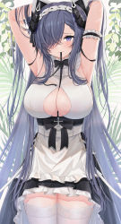 Rule 34 | 1girl, absurdres, animal ears, apron, armpits, arms behind head, arms up, august von parseval (azur lane), august von parseval (the conquered unhulde) (azur lane), azur lane, black ribbon, blush, breasts, center opening, closed mouth, commentary, dot nose, fake animal ears, hair over one eye, highres, horns, large breasts, long hair, looking at viewer, mouth hold, official alternate costume, petticoat, plant, purple eyes, raised eyebrow, ribbon, ruwo, sleeveless, solo, thighhighs, thighs, vines, waist apron, white apron, white thighhighs