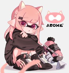 Rule 34 | 1girl, :o, animal ears, artist name, black footwear, black shirt, blurry, blurry foreground, braid, cat ears, cat tail, commentary, depth of field, facial mark, grey background, hair ornament, hairclip, holding, holding weapon, hugging own legs, inkling, inkling (language), inkling girl, inkling player character, kemonomimi mode, logo, long hair, long sleeves, looking at viewer, maco spl, nintendo, open mouth, pink hair, pointy ears, red eyes, shirt, shoes, short shorts, shorts, simple background, sitting, solo, splatoon (series), splatoon 2, splattershot (splatoon), tail, weapon, whisker markings