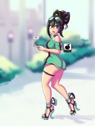 Rule 34 | 1girl, adapted costume, ass, asui tsuyu, bare shoulders, black hair, boku no hero academia, breasts, cellphone, choker, dress, earrings, feet, high heels, hoop earrings, jewelry, legs, linkartoon, lipstick, looking to the side, makeup, off-shoulder dress, off shoulder, open shoes, phone, sandals, short dress, smartphone, sunglasses on head, thighs, toes, tongue, tongue out, updo, walking