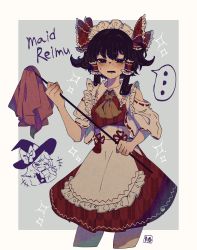 Rule 34 | 1girl, adapted costume, alternate costume, alternate hairstyle, apron, ascot, bare shoulders, bow, breasts, brown eyes, brown hair, cloth, clothing cutout, collar, hair bow, hakurei reimu, hat, highres, kirisame marisa, laughing, maid, maid headdress, medium breasts, medium skirt, red bow, red shirt, red skirt, ribbon-trimmed sleeves, ribbon trim, shirt, short hair, short sleeves, shoulder cutout, simple background, skirt, skirt set, sokura (mochichitose), solo, touhou, waist apron, white background, white collar, wide sleeves, witch hat, yellow ascot