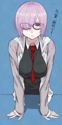 Rule 34 | 1girl, :t, arm support, bare shoulders, between breasts, blush, breasts, fate/grand order, fate (series), glasses, hair over one eye, large breasts, mash kyrielight, necktie, necktie between breasts, pout, purple eyes, purple hair, red-framed eyewear, short hair, simple background, solo, text focus, translated, utu (ldnsft)