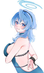 Rule 34 | 1girl, ako (blue archive), ako (dress) (blue archive), bare back, blue archive, blue dress, blue eyes, blue hair, blue halo, blush, breasts, chain, cuffs, dress, hair between eyes, halo, highres, large breasts, long hair, official alternate costume, open mouth, simple background, sleeveless, sleeveless dress, solo, tears, white background, yuzumochi4871