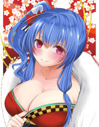 Rule 34 | 1girl, azur lane, blue hair, blush, breasts, cleavage, closed mouth, collarbone, floral background, flower, fur collar, fur trim, hair ornament, large breasts, long hair, looking at viewer, pink eyes, red background, sakura (ichisakupink), side ponytail, smile, solo, st. louis (azur lane), st. louis (spirits in the snow) (azur lane), upper body