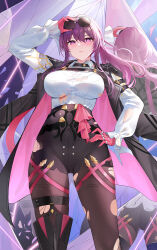 Rule 34 | 1girl, ass, black jacket, black shorts, blush, boots, breasts, broken mirror, chest harness, closed mouth, collared shirt, earrings, eyewear on head, glasses, gloves, hair between eyes, hand on own hip, harness, high-waist shorts, highres, honkai: star rail, honkai (series), jacket, jewelry, kafka (honkai: star rail), large breasts, long hair, long sleeves, looking at viewer, mirror, multiple rings, pantyhose, pantyhose under shorts, pince-nez, pink gloves, ponytail, purple eyes, purple hair, purple pantyhose, qing wu, reflection, ring, round eyewear, shirt, shorts, sidelocks, single thigh boot, solo, standing, sunglasses, thigh boots, torn clothes, white shirt
