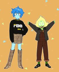 Rule 34 | 2girls, :d, alternate costume, black footwear, black sweater, blonde hair, blue eyes, blue hair, blue skin, boots, brown overalls, colored skin, fashion, fendi (brand), forehead jewel, full body, green skin, grey jacket, highres, jacket, lapis lazuli (steven universe), long sleeves, looking at viewer, multiple girls, nano8, open clothes, open jacket, open mouth, orange background, overalls, peridot (steven universe), plaid, plaid footwear, plaid skirt, short hair, skirt, smile, steven universe, sweater