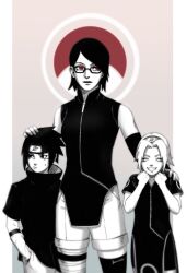 Rule 34 | 1boy, 2girls, aged up, behindxa, boruto: naruto next generations, breasts, closed eyes, commentary request, family, father and daughter, forehead protector, frown, glasses, greyscale with colored background, grin, hairband, hand on another&#039;s head, hand on another&#039;s shoulder, hand on shoulder, haruno sakura, headband, highres, konohagakure symbol, medium hair, mother and daughter, multiple girls, naruto, naruto (series), red eyes, sharingan, shorts, signature, small breasts, smile, spot color, sweatdrop, time paradox, uchiha sarada, uchiha sasuke