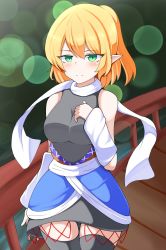 Rule 34 | 1girl, arm warmers, black shirt, black thighhighs, blonde hair, breasts, bridge, closed mouth, cowboy shot, green eyes, gyuta, hand on own chest, highres, looking at viewer, medium breasts, mizuhashi parsee, outdoors, pointy ears, scarf, shirt, short hair, sleeveless, solo, standing, thighhighs, touhou, white scarf