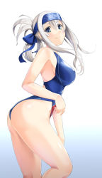 Rule 34 | &gt;:), 10s, 1girl, ass, bare arms, bare shoulders, blue background, blue eyes, blue headband, blue one-piece swimsuit, breasts, bright pupils, closed mouth, competition swimsuit, covered erect nipples, cowboy shot, folded ponytail, from side, gradient background, hair between eyes, hair ribbon, hair rings, hassen (8cm), headband, highres, kamoi (kancolle), kantai collection, kneepits, large breasts, leaning forward, long hair, looking at viewer, looking to the side, one-piece swimsuit, ribbon, sideboob, sidelocks, silver hair, smile, solo, swimsuit, thick eyebrows, thighs, upper body, v-shaped eyebrows, white background