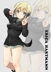 Rule 34 | absurdres, black jacket, blonde hair, blue eyes, breasts, character name, colored tips, dog tail, double v, erica hartmann, feet out of frame, grey shirt, highres, jacket, medium breasts, military, military uniform, multicolored hair, panties, shirt, short hair, strike witches, tail, typo, underwear, uniform, v, white panties, world witches series, yashin (yasinz), zoom layer