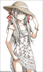 Rule 34 | 1girl, bare shoulders, brown eyes, dress, fashion, floral print, hand on headwear, hat, hishi (k-xaby), long hair, one eye closed, original, plant, silver hair, simple background, sleeveless, sleeveless dress, solo, strap slip, straw hat, sundress, twintails, vines, watermark, web address