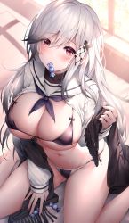 Rule 34 | 1girl, azur lane, barefoot, bikini, black bikini, black bow, black neckwear, blush, bow, breasts, candy, day, dunkerque (azur lane), food, front-tie bikini top, front-tie top, gradient hair, groin, hair between eyes, hair ornament, hand up, highres, holding, indoors, large breasts, long hair, long sleeves, looking at viewer, mouth hold, multicolored hair, navel, oyuwari, sailor collar, sitting, skindentation, solo, string bikini, sunlight, swimsuit, thighs, underboob, wariza, white hair, window