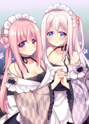Rule 34 | 2girls, bare shoulders, blue eyes, blush, breasts, cleavage, collarbone, commentary request, double bun, floral background, flower, hair between eyes, hair bun, hair flower, hair ornament, highres, holding hands, japanese clothes, kayura yuka, long hair, long sleeves, looking at viewer, maid, maid headdress, medium breasts, multiple girls, one side up, original, pink hair, purple eyes, ringo sui, sidelocks, smile, twintails, wa maid