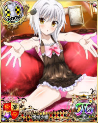 Rule 34 | 1girl, apron, blush, bow, bra, card (medium), cat hair ornament, character name, chess piece, hair ornament, high school dxd, high school dxd pi, looking at viewer, official art, panties, parted lips, pink bow, pink bra, pink panties, rook (chess), short hair, silver hair, sitting, solo, spread legs, toujou koneko, trading card, underwear, yellow eyes