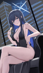 Rule 34 | 1girl, absurdres, artist request, ass, black choker, black hair, blue archive, blue eyes, blue hair, blue halo, breasts, choker, cleavage, clothing request, colored inner hair, crossed legs, cup, drinking glass, feet out of frame, halo, highres, holding, holding cup, large breasts, long hair, looking at viewer, multicolored hair, parted lips, saori (blue archive), sitting, solo