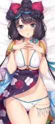 Rule 34 | 1girl, bikini, bracelet, breast press, breasts, cameltoe, cleavage, covered erect nipples, fate/grand order, fate (series), flower, hair flower, hair ornament, hip bones, interlocked fingers, jewelry, katsushika hokusai (fate), katsushika hokusai (swimsuit saber) (fate), large breasts, looking at viewer, nakano sora, open mouth, purple eyes, purple hair, solo, swimsuit