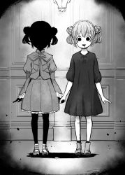 Rule 34 | 2girls, 4shi, blood, blood on clothes, blood on face, blood on leg, commentary request, dango-chan (4shi), dress, frilled skirt, frills, greyscale, hair bun, highres, holding hands, indoors, monochrome, multiple girls, neck ribbon, original, puffy sleeves, ribbon, shadow (shadows house), shadows house, shirt, short hair, skirt, socks, solo