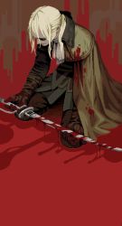 Rule 34 | 1girl, blonde hair, blood, blood splatter, bloodborne, blood on clothes, bloody weapon, cape, coat, food, gloves, holding, holding food, lady maria of the astral clocktower, pixel art, rakuyo (bloodborne), shroedinger, solo, sword, the old hunters, weapon