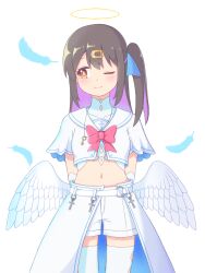 Rule 34 | 1girl, ;), alternate costume, alternate hairstyle, angel, angel wings, arms behind back, black hair, bow, bowtie, brown eyes, colored inner hair, commentary, cowboy shot, cross, dot nose, feathers, hair between eyes, hair ornament, hairclip, halo, highres, k-d, key, light blush, long hair, looking to the side, low wings, midriff, multicolored hair, navel, one eye closed, one side up, onii-chan wa oshimai!, oyama mihari, purple hair, red bow, red bowtie, short shorts, short sleeves, shorts, simple background, smile, solo, thighhighs, two-tone hair, white background, white shorts, white thighhighs, wings