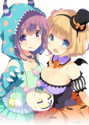 Rule 34 | 10s, 2girls, :p, animal print, bare shoulders, bat print, bat wings, blonde hair, blue eyes, blush, bow, breast press, breasts, claws, cleavage, detached collar, detached sleeves, girlish number, hairband, halloween, halloween costume, hat, hat bow, hood, horned headwear, horns, jack-o&#039;-lantern, jewelry, karasuma chitose (girlish number), kugayama yae, looking at viewer, medium breasts, mini wings, multiple girls, necklace, official art, open mouth, pom pom (clothes), puffy detached sleeves, puffy sleeves, red eyes, red hair, short hair, striped, striped sleeves, tongue, tongue out, transparent background, wings