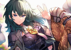 Rule 34 | 1girl, anniversary, armor, black armor, black cape, black shorts, blue hair, bracelet, brown pantyhose, byleth (female) (fire emblem), byleth (fire emblem), cape, commentary, detached collar, english commentary, fire emblem, fire emblem: three houses, floating hair, hair between eyes, highres, jewelry, lace, lace-trimmed legwear, lace trim, long hair, looking at viewer, nakabayashi zun, navel, nintendo, pantyhose, pantyhose under shorts, parted lips, print pantyhose, purple eyes, salute, short shorts, shorts, shoulder armor, solo, vulcan salute