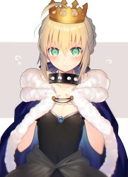 Rule 34 | 1girl, alternate costume, antenna hair, artoria pendragon (all), artoria pendragon (fate), blush, bowsette, bowsette (cosplay), braid, breasts, breasts apart, choker, cleavage, collarbone, cosplay, cowl, crown, dress, embarrassed, fate/grand order, fate (series), green eyes, hair between eyes, highres, kirie nozomi, looking at viewer, saber (fate), short hair, simple background, small breasts, solo