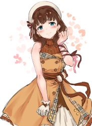 Rule 34 | 1girl, bad id, bad twitter id, bare shoulders, blue eyes, brown dress, brown hair, brown sweater, commentary, dress, gloves, heart, heart necklace, highres, idolmaster, idolmaster cinderella girls, looking at viewer, necklace, ribbed sweater, ribbon, sakuma mayu, single glove, sirurabbit, sleeveless, sleeveless dress, sleeveless sweater, smile, solo, sweater, white gloves, wrist ribbon