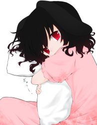 Rule 34 | 1girl, alternate color, animal ears, bad id, bad pixiv id, black hair, blush, dress, female focus, flower, hug, inaba tewi, looking at viewer, hugging object, pillow, pillow hug, rabbit ears, red eyes, short hair, solo, touhou, umxzo
