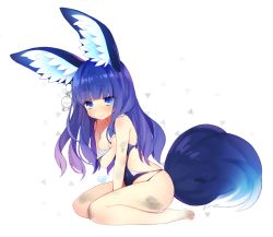 Rule 34 | 1girl, animal ear fluff, animal ears, bare legs, barefoot, blade &amp; soul, blue eyes, blue hair, blunt bangs, breasts, bruise, byulzzi, cleavage, covering privates, covering breasts, earrings, injury, jewelry, long hair, lyn (blade &amp; soul), sitting, small breasts, solo, swimsuit, tail, torn clothes, torn swimsuit, wariza