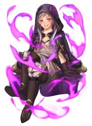 Rule 34 | 1girl, aura, boots, brown gloves, corruption, crossed legs, dark aura, dark persona, fire emblem, fire emblem awakening, gloves, grima (fire emblem), grin, highres, hood, hood up, intelligent systems, kamu (kamuuei), knee boots, nintendo, possessed, possession, red eyes, robe, robin (female) (fire emblem), robin (fire emblem), simple background, sitting, smile, solo, white background, white hair, wizard