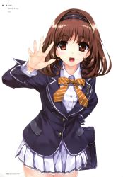 Rule 34 | 1girl, absurdres, bag, blazer, blouse, blush, bow, bowtie, brown eyes, brown hair, buttons, collared shirt, cowboy shot, diagonal-striped bow, fingernails, hair intakes, hairband, hand on own hip, highres, holding, jacket, long hair, misaki kurehito, official art, open mouth, orange bow, orange bowtie, outstretched hand, pleated skirt, pocket, red eyes, ringed eyes, sasaki kaori, scan, school bag, school uniform, shirt, simple background, skirt, solo, standing, striped bow, striped bowtie, striped clothes, ushinawareta mirai wo motomete, white shirt