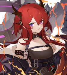 Rule 34 | 1girl, absurdres, arknights, armband, bare shoulders, belt, black belt, black dress, breasts, chinese commentary, cleavage, commentary request, dress, highres, horns, long hair, looking at viewer, partial commentary, purple eyes, red hair, small breasts, solo, surtr (arknights), upper body, v-shaped eyebrows, xssh