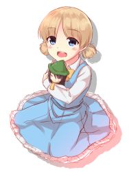 Rule 34 | 10s, 1girl, aged down, aki (girls und panzer), alternate eye color, blue eyes, blue skirt, bow, bowtie, character doll, commentary, cosplay, dress shirt, frilled skirt, frills, full body, girls und panzer, hair tie, holding, holding stuffed toy, light brown hair, long sleeves, looking at viewer, medium skirt, mika (girls und panzer), one-hour drawing challenge, open mouth, shadow, shirt, short hair, short twintails, sitting, skirt, skirt set, smile, snufkin, snufkin (cosplay), solo, stuffed toy, twintails, white shirt, yellow bow, yellow bowtie, yuuri (orz commushows)